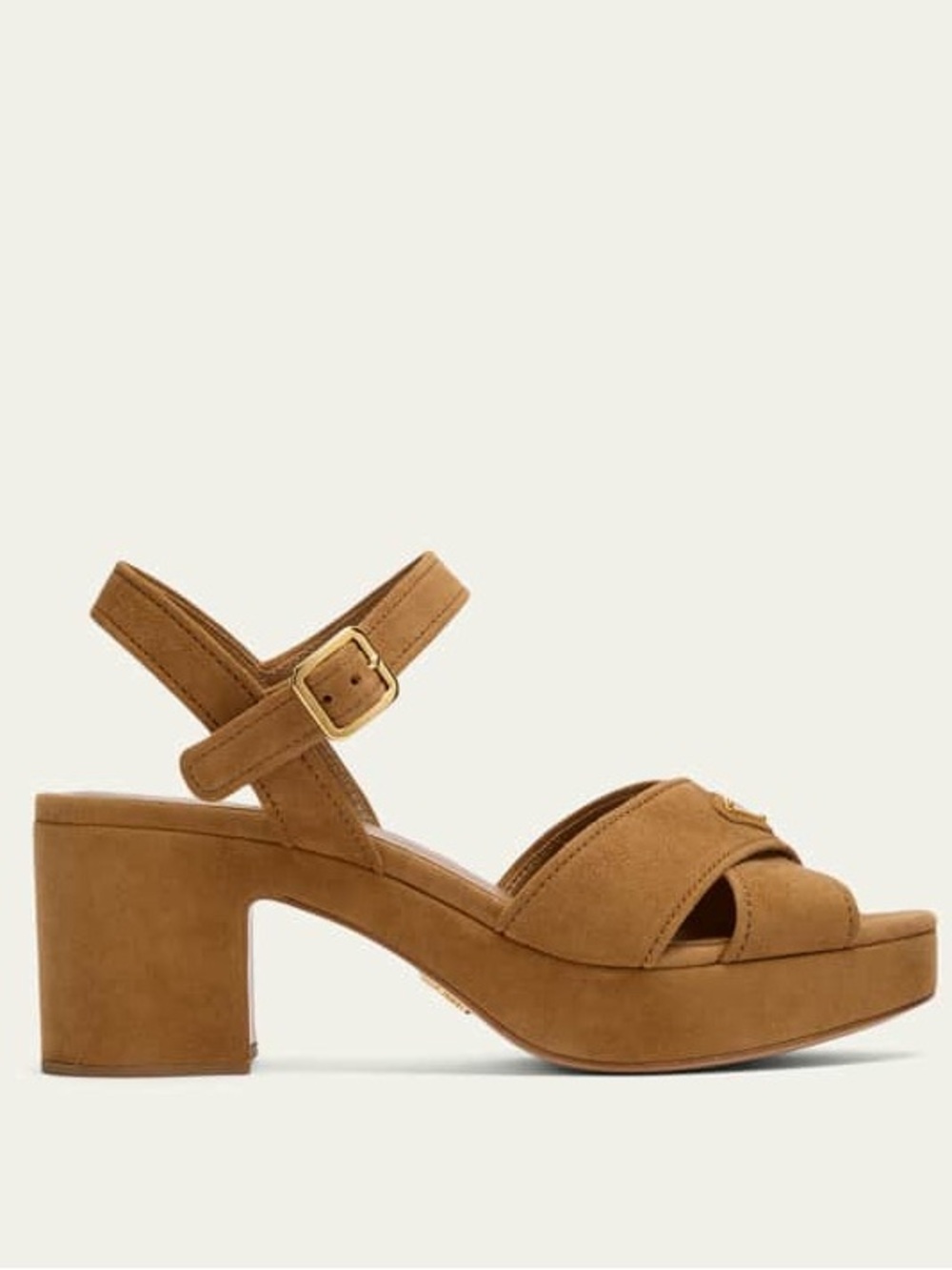 Prada Triangle Suede Platform Sandals in Camel Brown NWOB - Picture 2 of 12